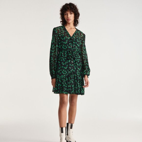 The kooples SHORT BLACK DRESS WITH GREEN PATTERN AND BELT - Picture 4 of 7